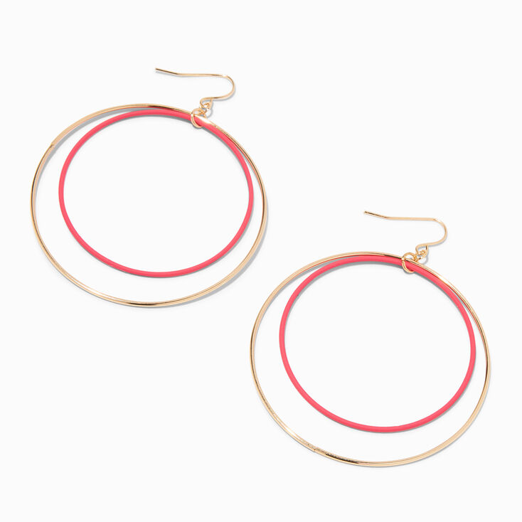 Gold-tone 3&#39;&#39; Pink Enamel Double Ring Hoop Drop Earrings,