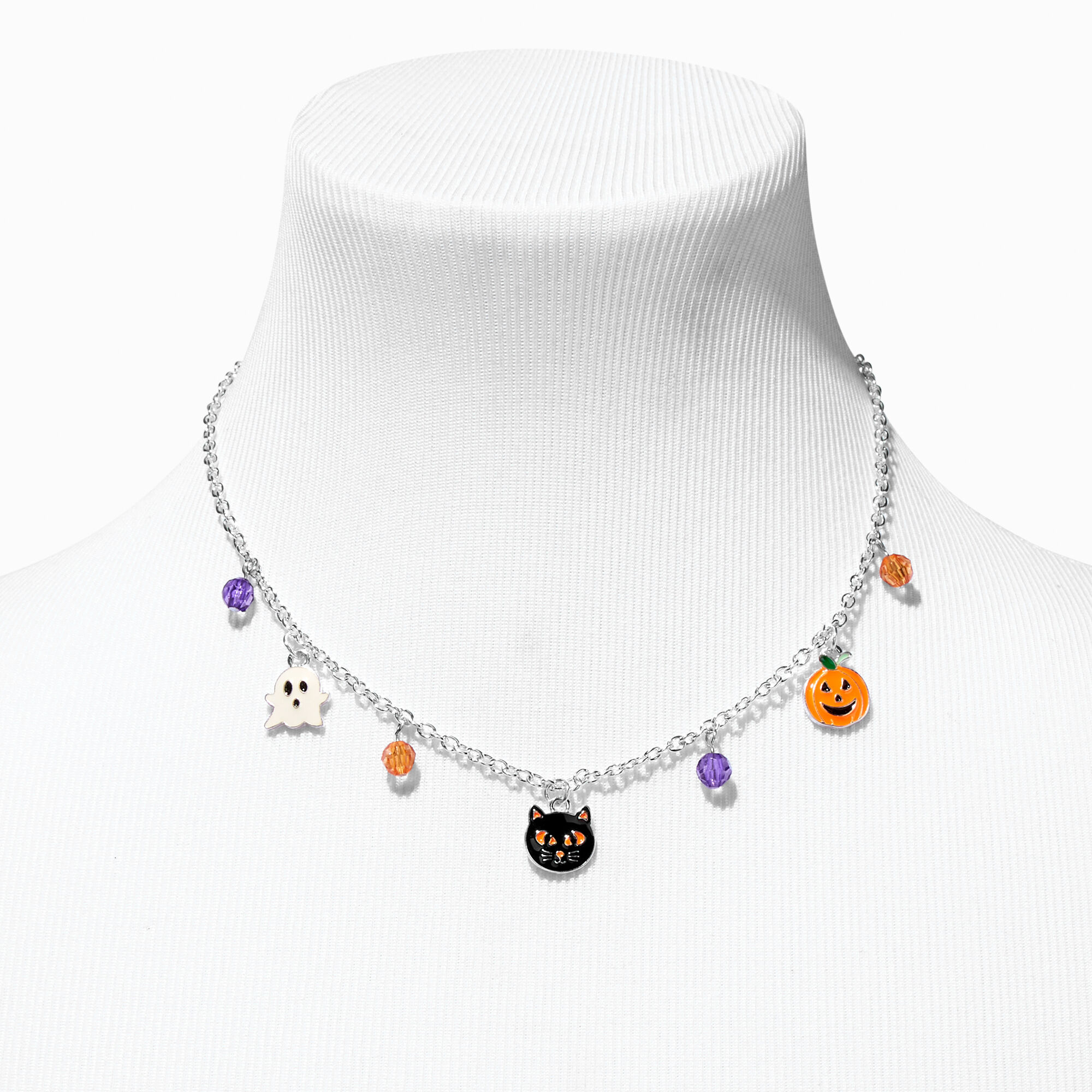 Halloween Enameled Ghost, Cat, & Pumpkin Necklace & Charm Bracelet Set - 2 Pack,