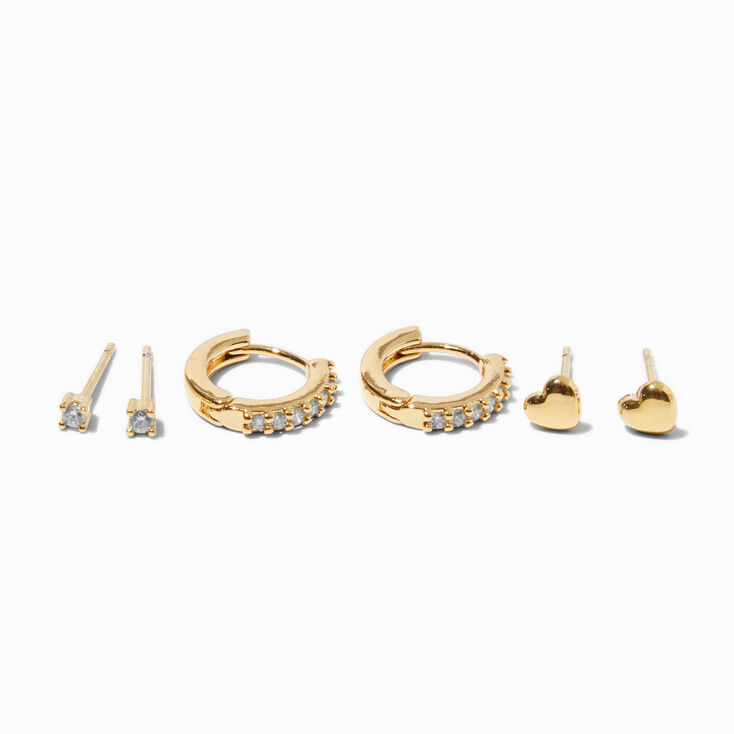 18kt Gold Plated Cubic Zirconia Heart Earring Stackables Set - 3 Pack,