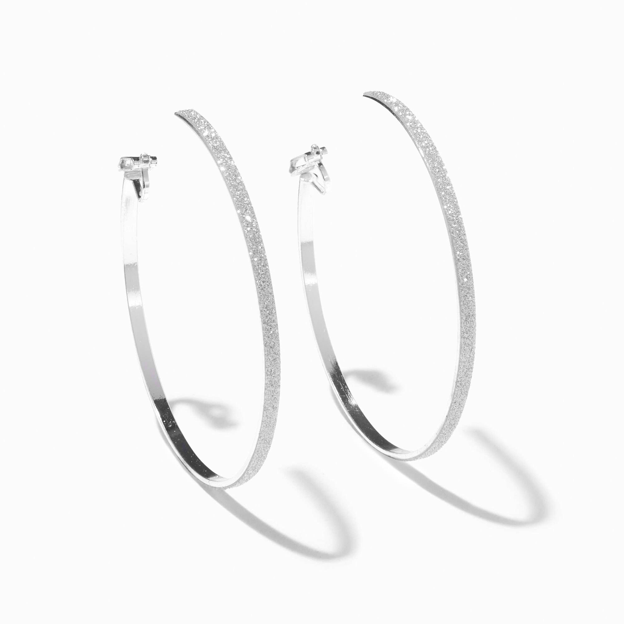 Silver tone 60MM Glitter Thin Clip On Hoop Earrings