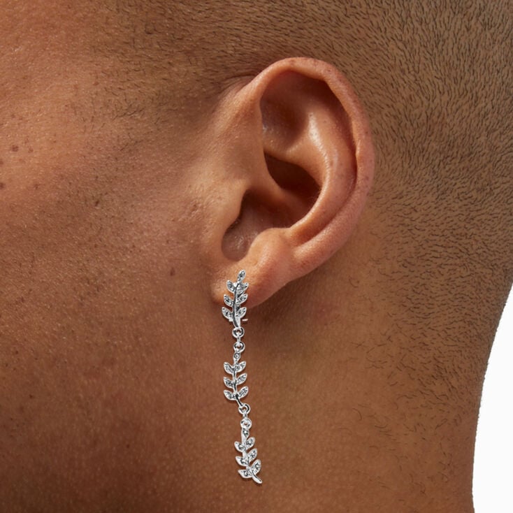 Silver-tone 2&quot; Crystal Leaf Linear Drop Clip On Earrings,