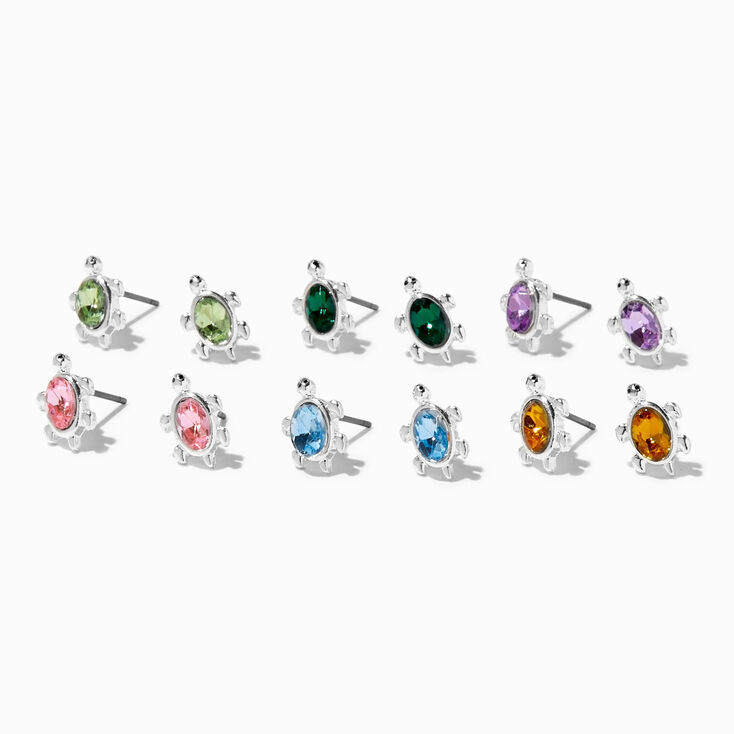 Silver Crystal Turtle Stud Earrings - 6 Pack,