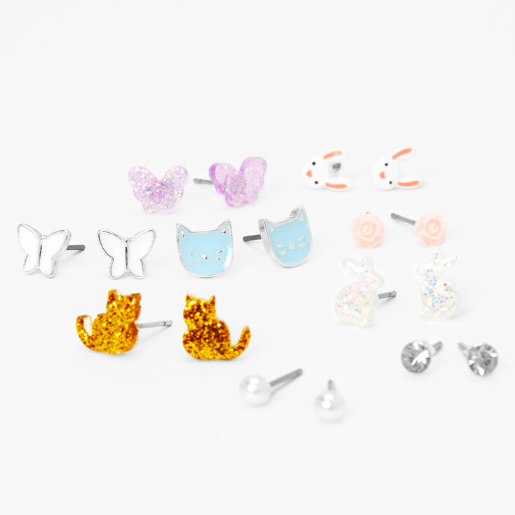 Silver-tone Bunny, Butterfly &amp; Cat Stud Earrings - 9 Pack,