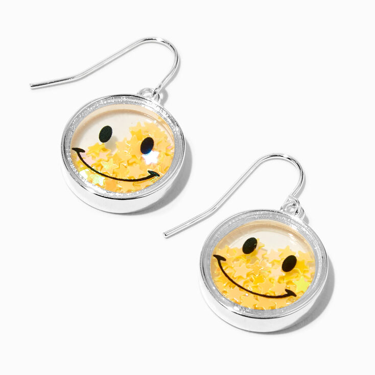 Silver Happy Face Confetti Shaker 1&quot; Drop Earrings,