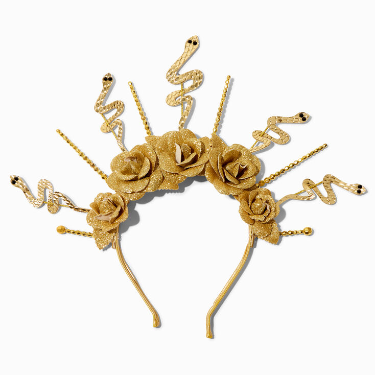 Serre-t&ecirc;te couronne avec halo serpents et roses couleur dor&eacute;e,