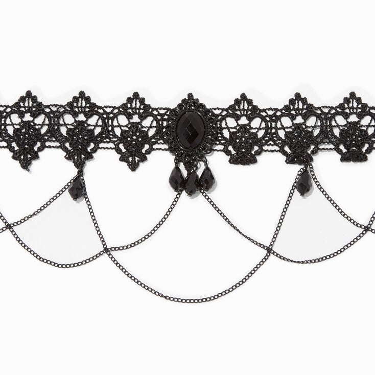 Black Gemstone & Chains Lace Choker Necklace | Claire's US