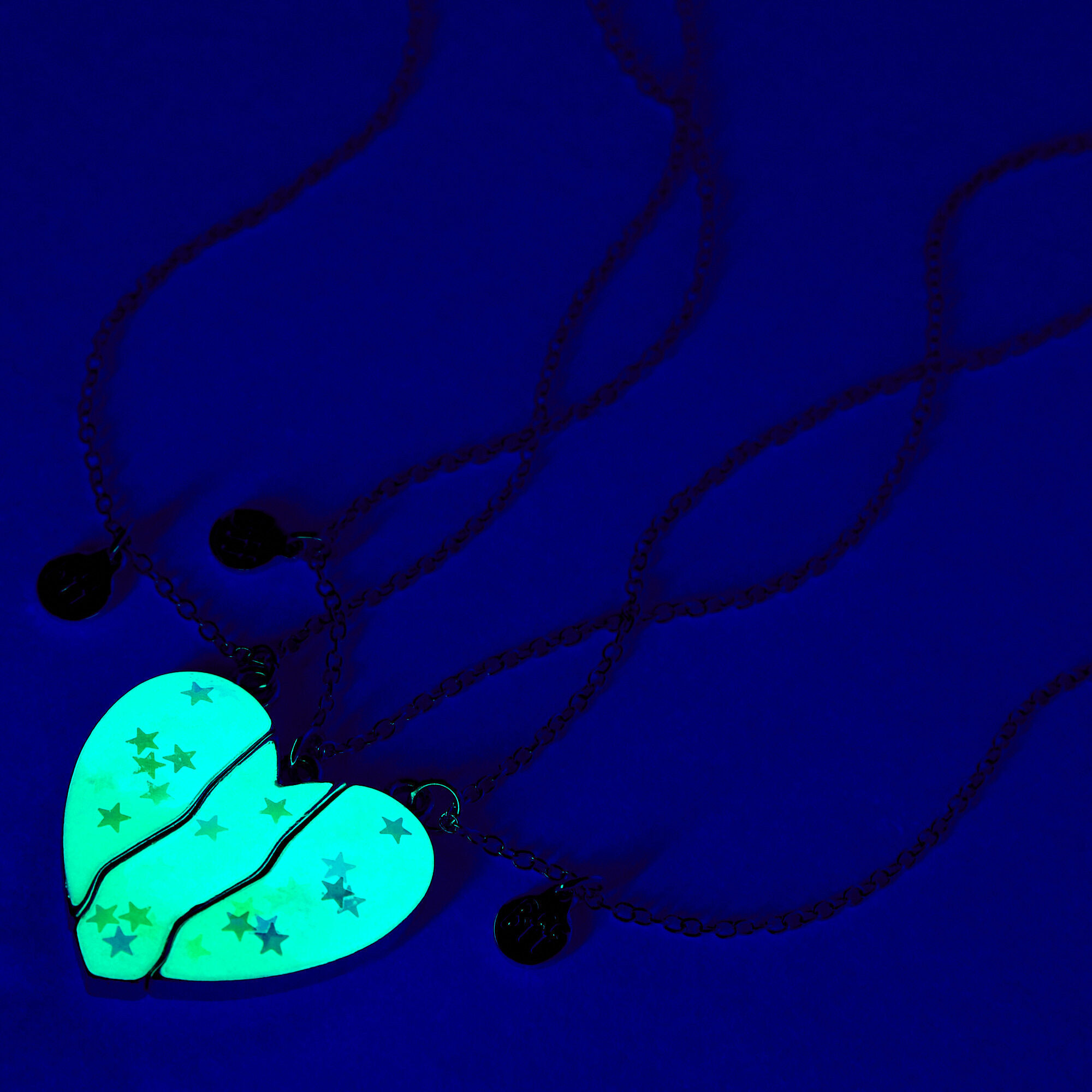 Best Friends Glow In The Dark Blue Confetti Split Heart Necklaces - 3 Pack
