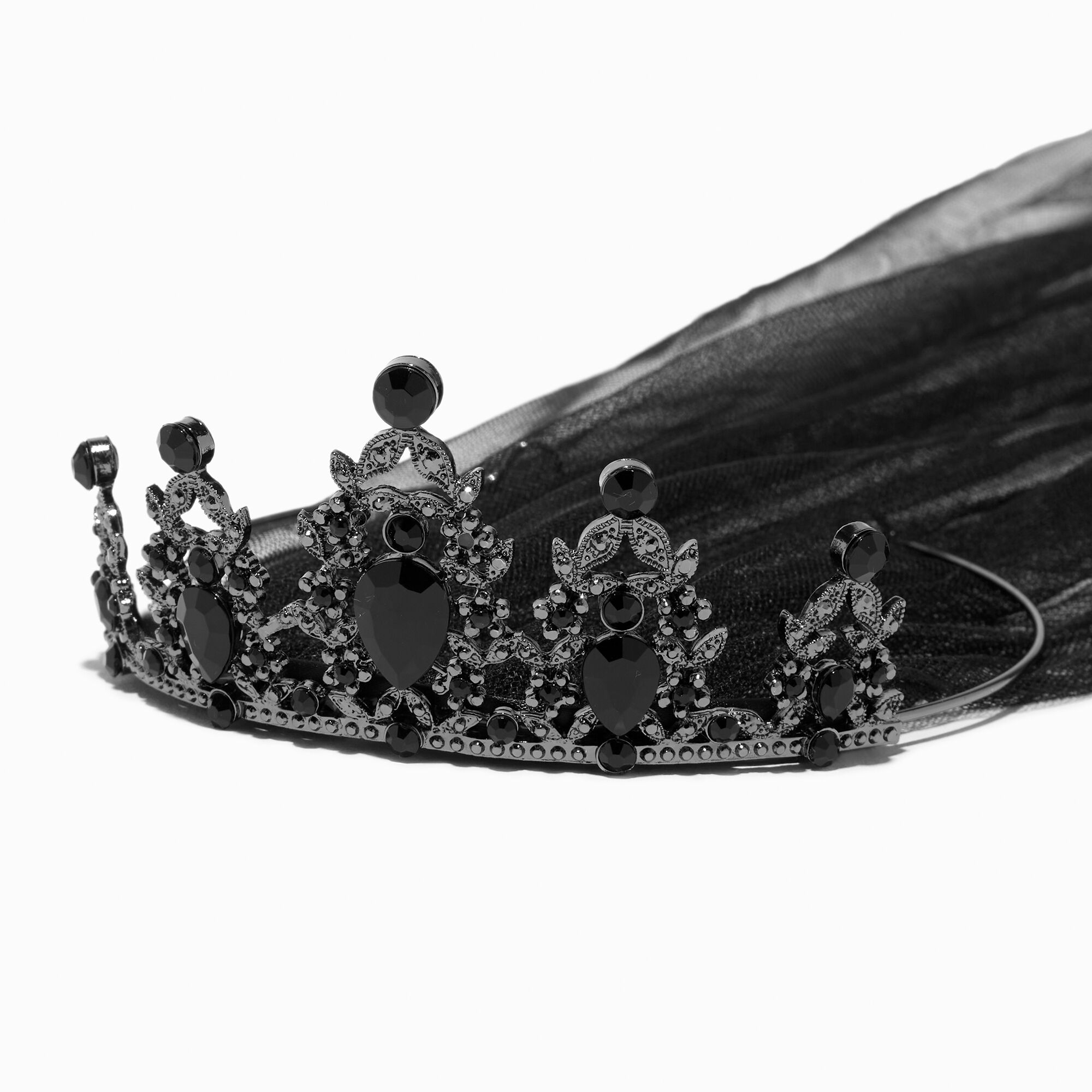 Serre-tête avec voile couronne gothique décorés de strass noir,