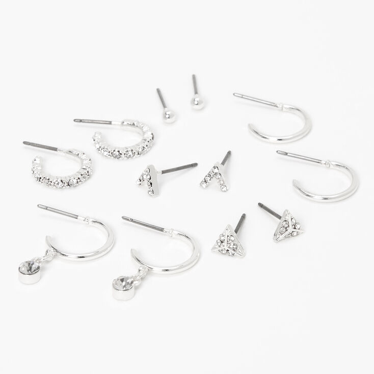 Silver Embellished Geometric Earrings Set - 6 Pack,