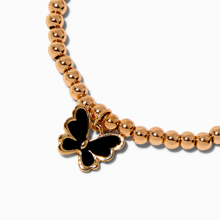 Black Enamel Butterfly &amp; Gold-tone Beaded Stretch Bracelet,