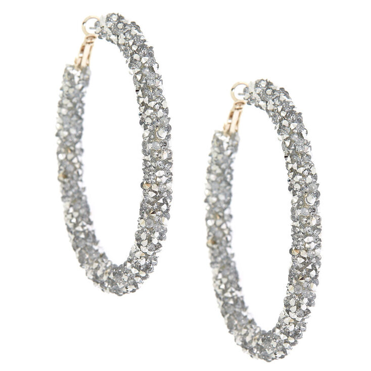 Silver 60mm Crystal Hoop Earrings Claire S Silver 60mm Crystal Hoop Earrings