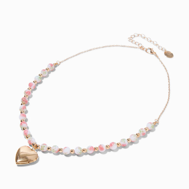 Gold-tone Heart Locket Rose Beaded Necklace,