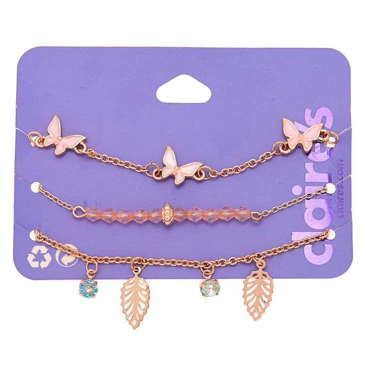 Claire's Lot de 3 bracelets à breloques papillon et feuille couleur doré rose