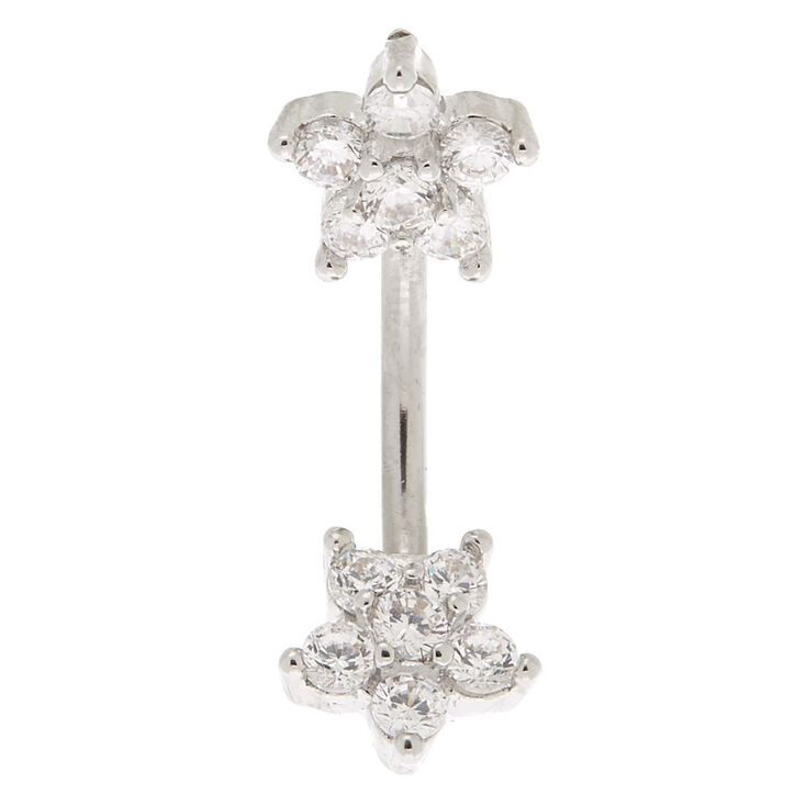 Silver-tone Stainless Steel Cubic Zirconia Double Flower 14G Belly Bar,