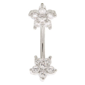 Silver 14G Double Flower Crystal Belly Ring,