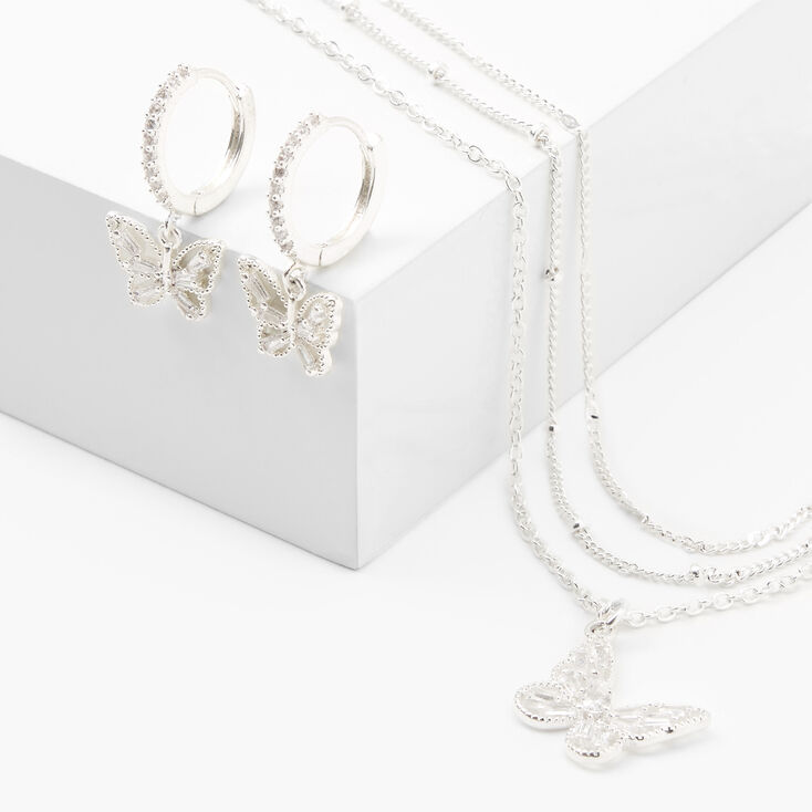 Silver Cubic Zirconia Textured Butterfly Jewelry Set - 2 Pack,