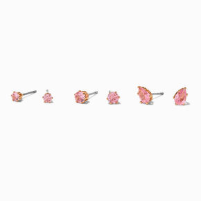 Gold-tone Pink Cubic Zirconia Round &amp; Teardrop Stud Earrings - 3 Pack,