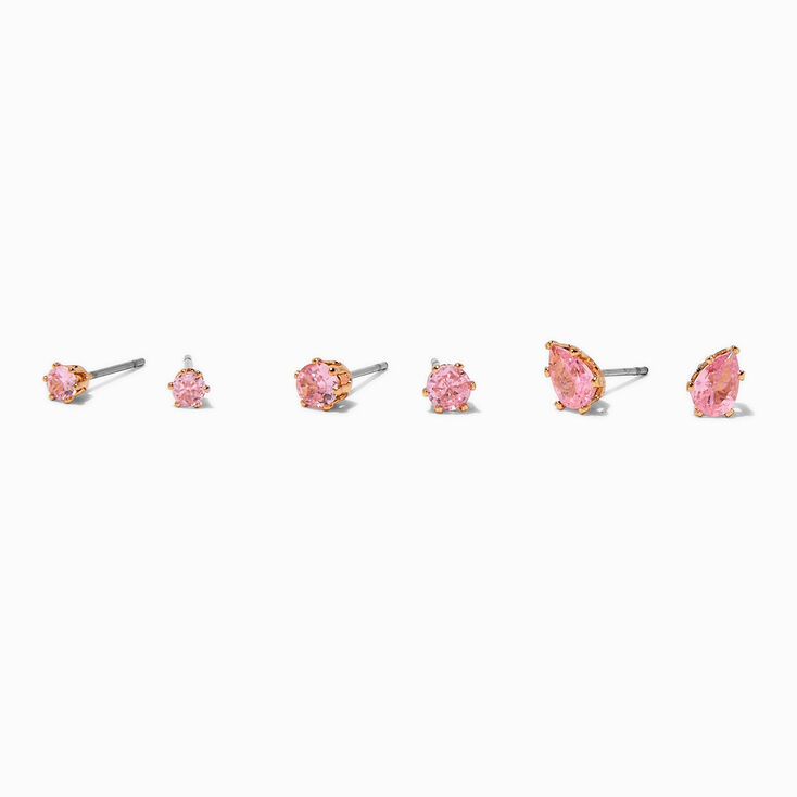 Gold-tone Pink Cubic Zirconia Round &amp; Teardrop Stud Earrings - 3 Pack,