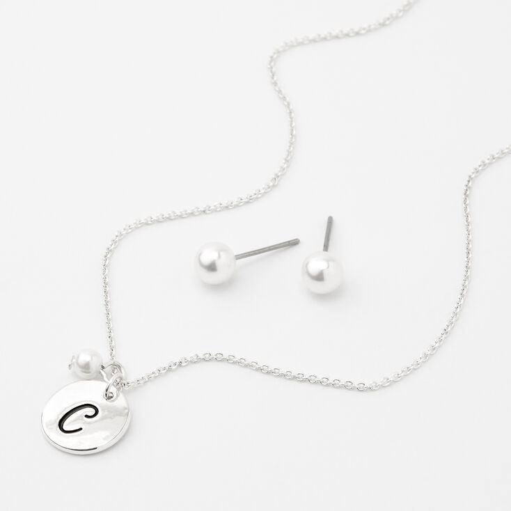 Claire's Parure de bijoux avec perles d'imitation à initiale couleur argentée - C, lot de 2