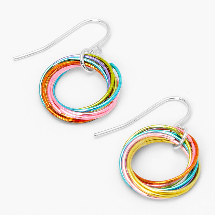 Silver 1&quot; Rainbow Circle Drop Earrings,