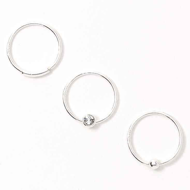 Sterling Silver 22G Bar Ball Crystal Hoop Nose Rings - 3 Pack,