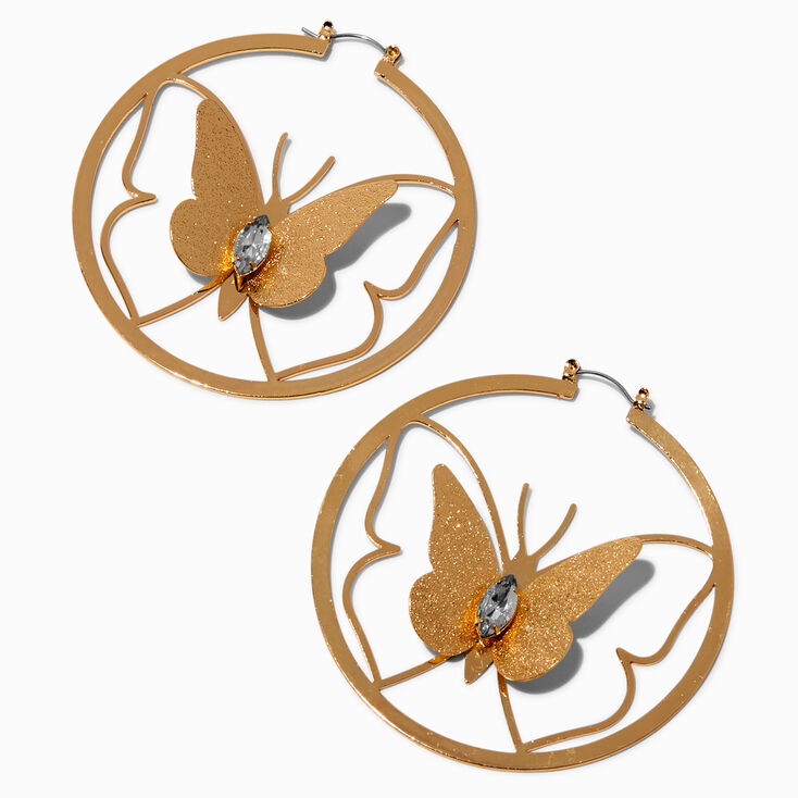 Gold-tone Glitter Dusted Butterfly Hoop Earrings,