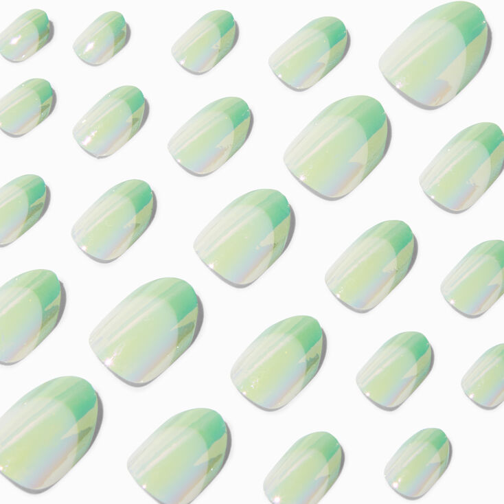 Holographic Mint French Tip Press On Faux Nail Set - 24 Pack,