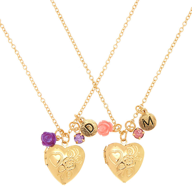 Best Friends Gold Engraved Heart Locket Pendant Necklaces - 2 Pack,
