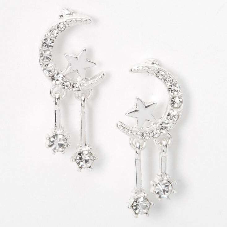 Silver-tone Moon &amp; Stars Dangling 1&quot; Drop Earrings,
