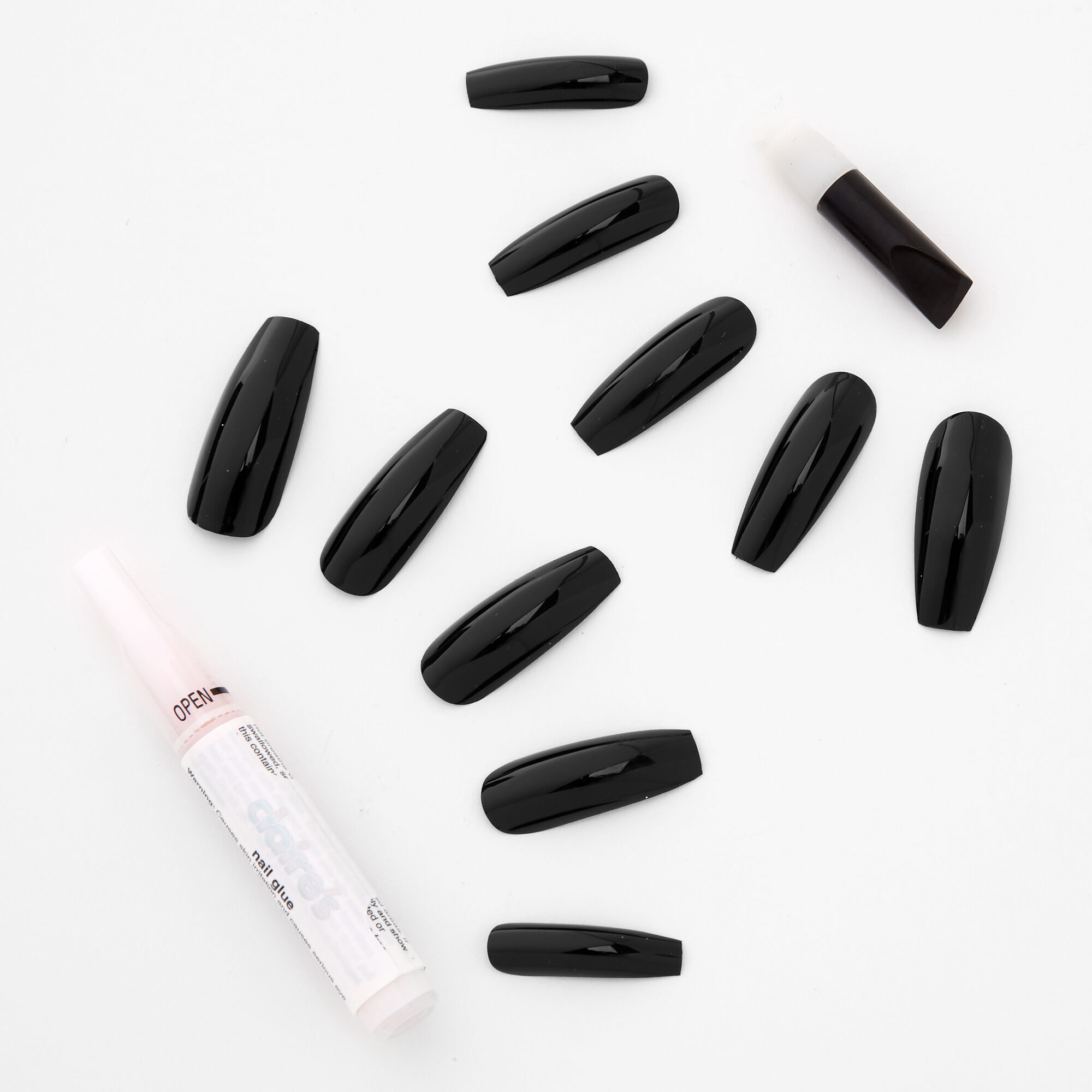 Extra Long Glossy Coffin Faux Nail Set - Black, 24 Pack,