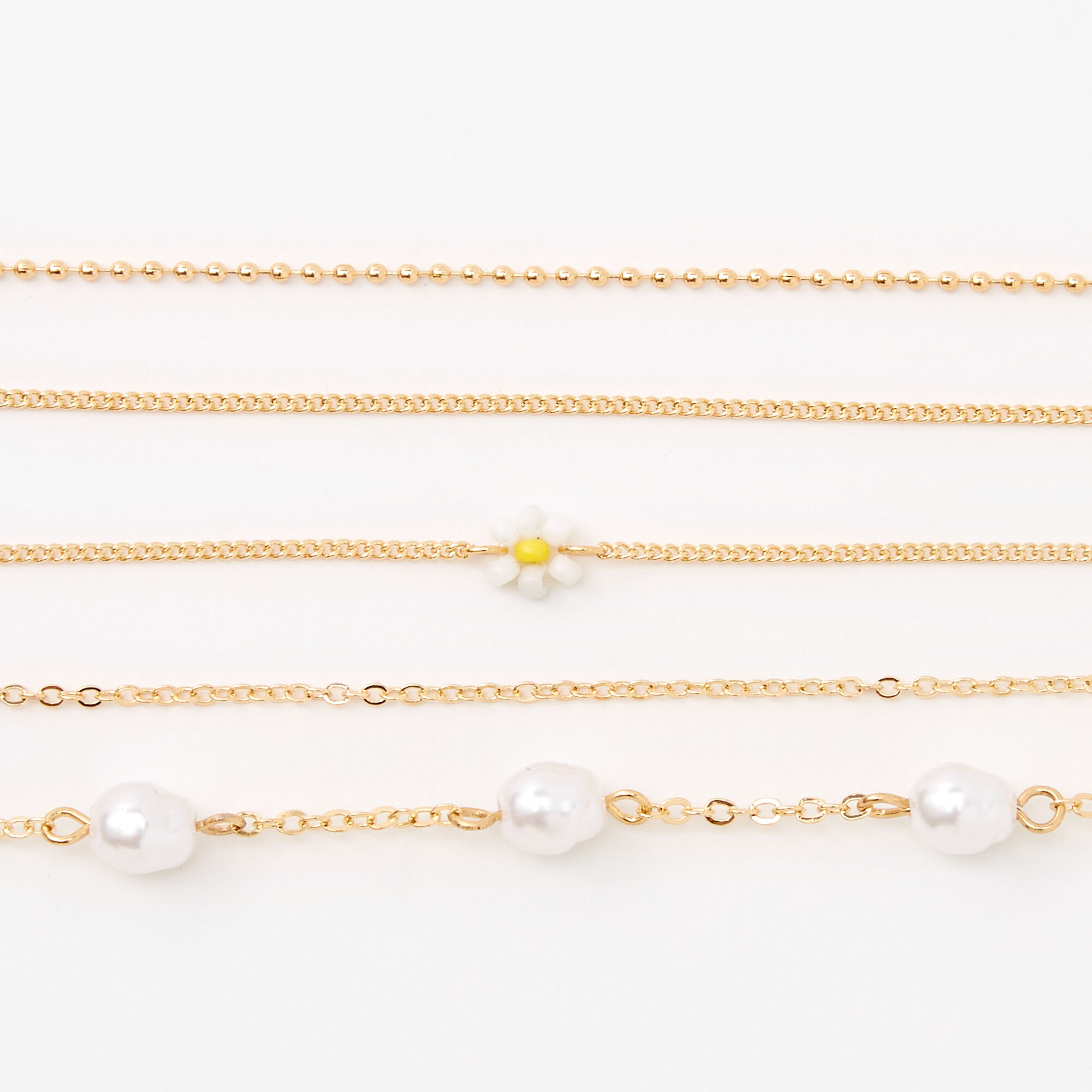 Gold Daisy & Pearl Chain Bracelets - 5 Pack,