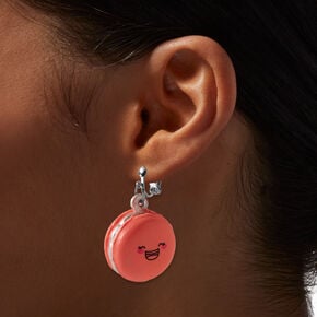 Squishy Pink Happy Face Macaron 1&quot; Clip-On Drop Earrings,