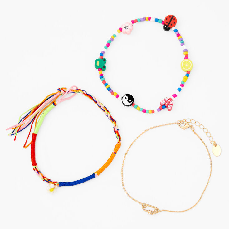 Rainbow Beaded Mixed Anklet Set - 3 Pack,