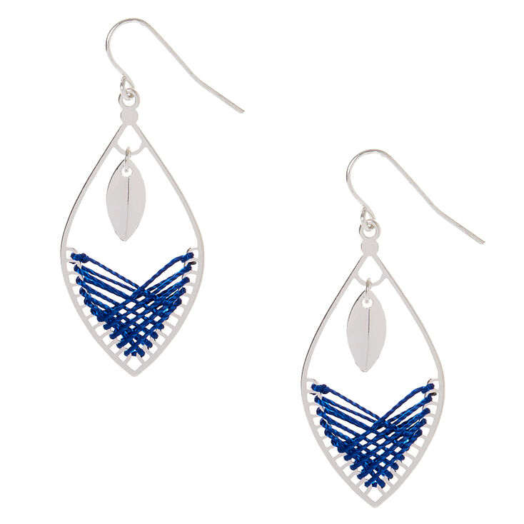 Silver 1.5&quot; Threaded Drop Earrings - Blue,