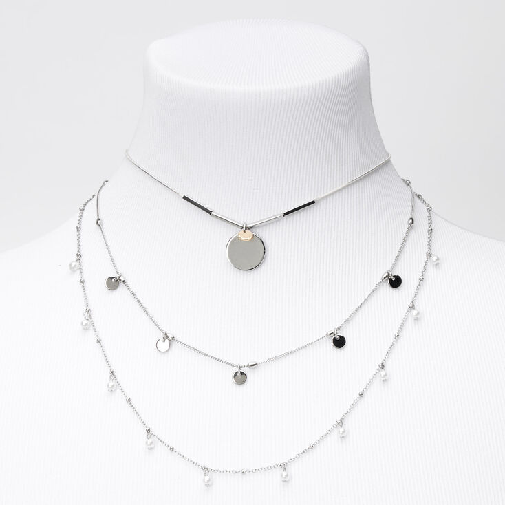 Silver Pearl Disc Multi Strand Necklace,