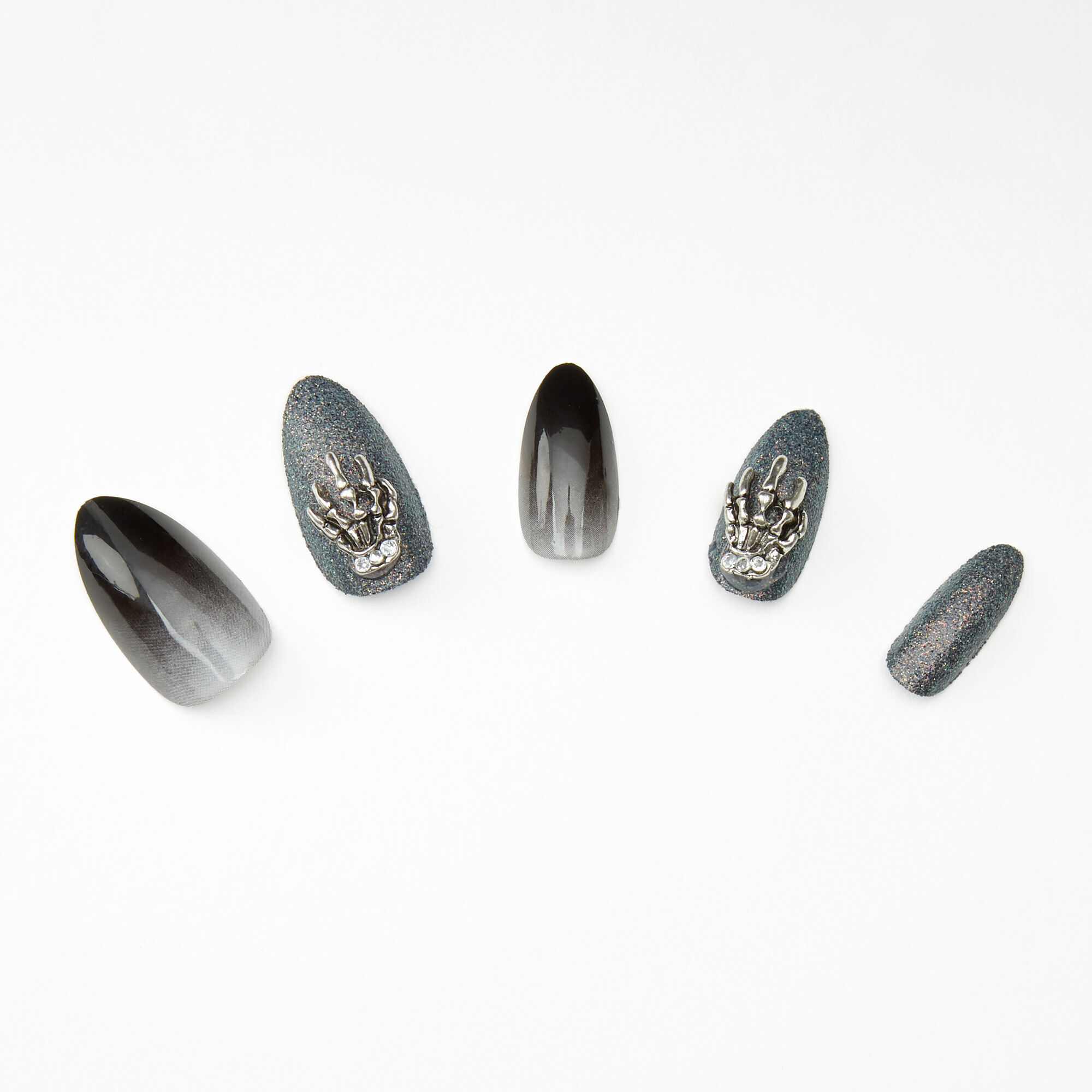 Skeleton Hand Ombre & Glitter Stiletto Faux Nail Set - Black, 24 Pack,
