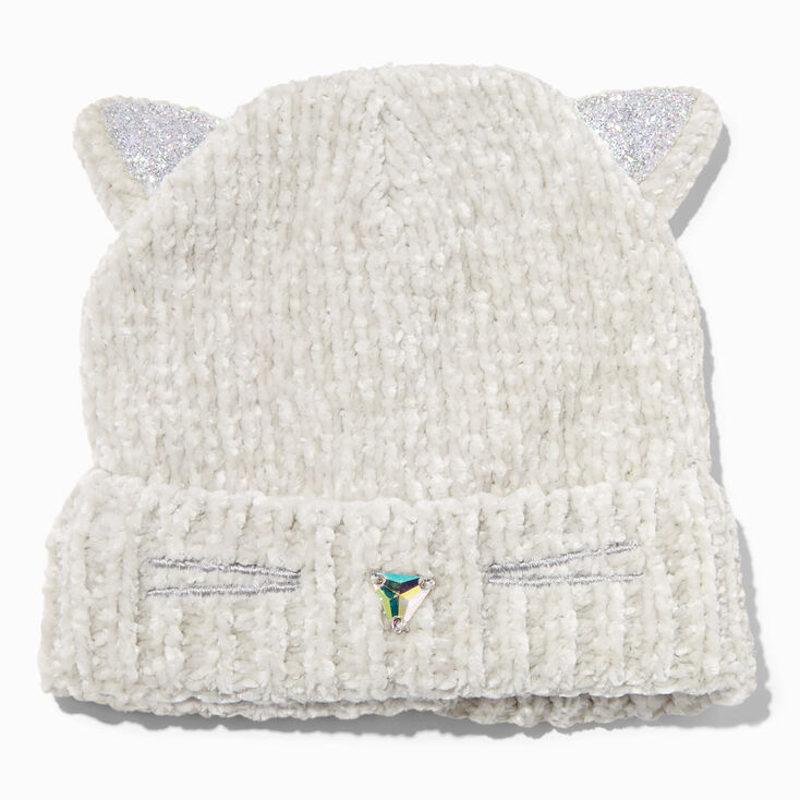 Claire&#39;s Club Glitter Snow Leopard White Beanie Hat,