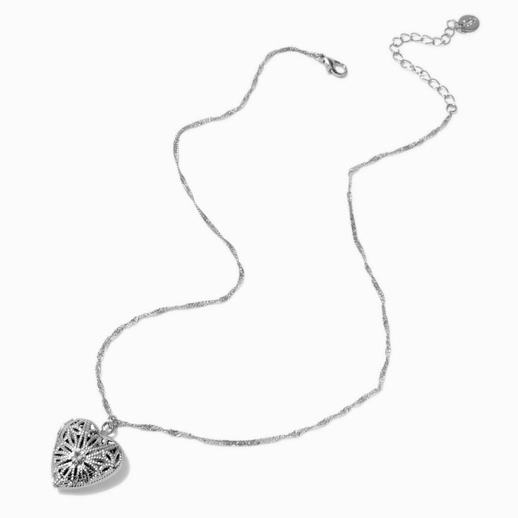 Silver-tone Filigree Heart Locket Pendant Necklace,