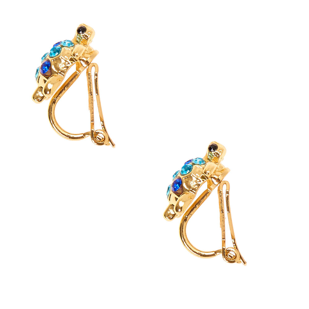 Gold Turtle Clip-On Stud Earrings - Blue,
