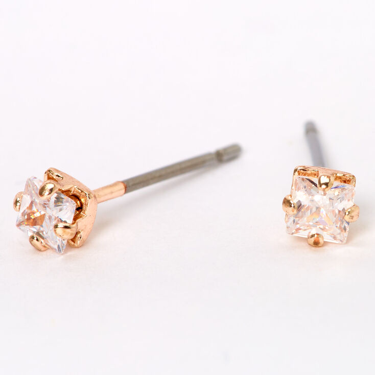 Rose Gold Cubic Zirconia Square Stud Earrings - 3MM,