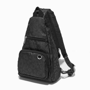 Black Cheetah Print Nylon Sling Backpack,