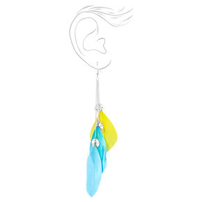 Silver 6&quot; Blue &amp; Yellow Feather Chain Drop Earrings,