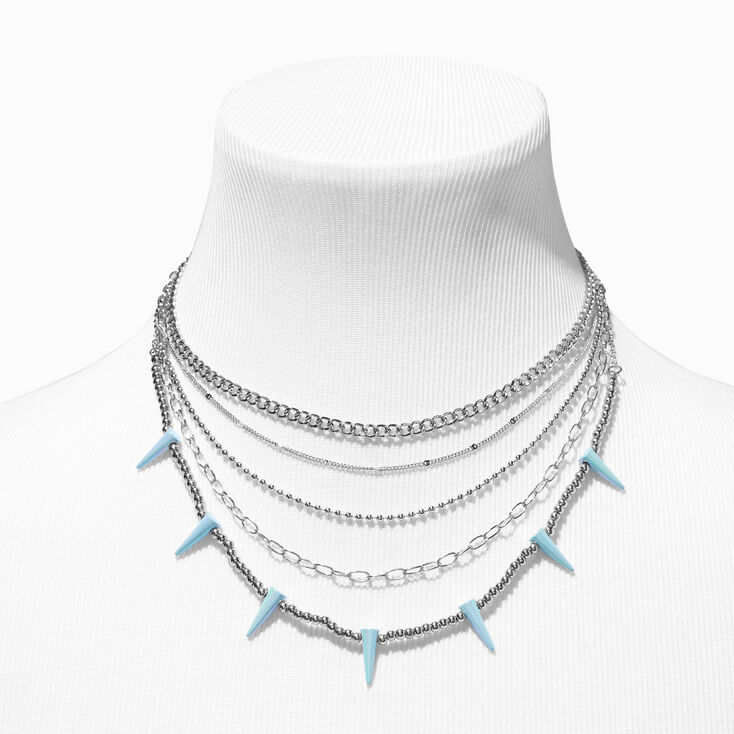 Silver Chain Light Blue Spikes Multi-Strand Necklace,