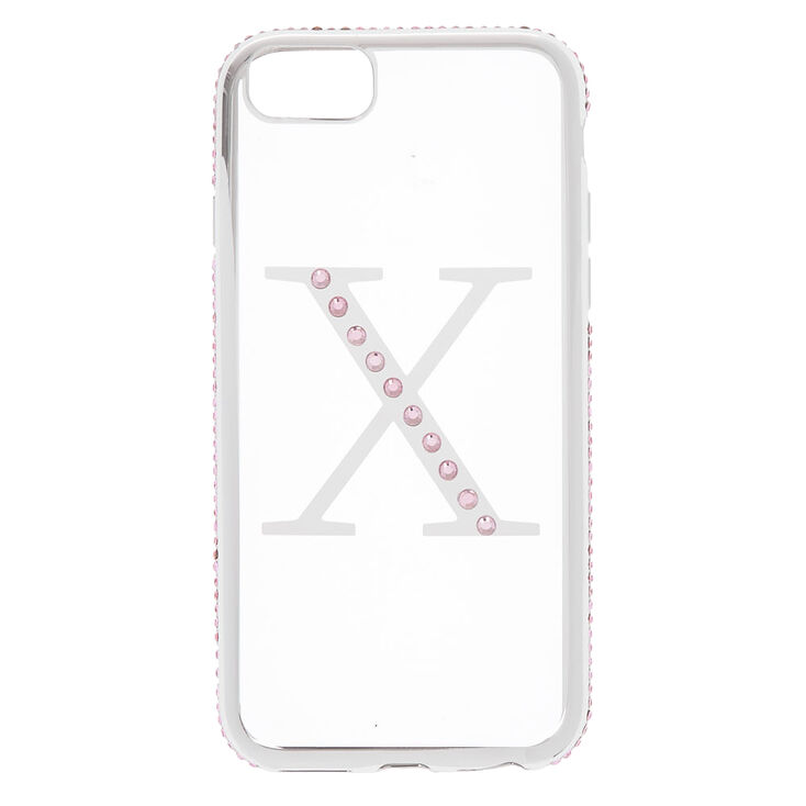 Coque de portable &agrave; initiale X et pierres roses- Compatible avec iPhone 6/7/8/SE,