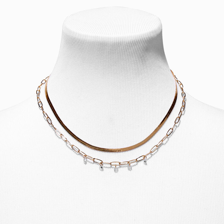 Gold Paperclip &amp; Cubic Zirconia Multi-Strand Necklace,