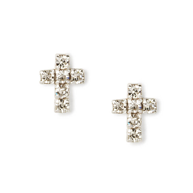 Sterling Silver Rhinestone Cross Stud Earrings | Claire's US