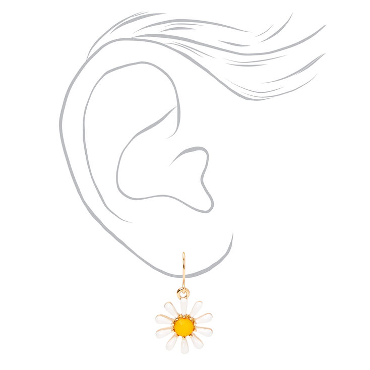 Gold 1&quot; Daisy Drop Earrings - White,