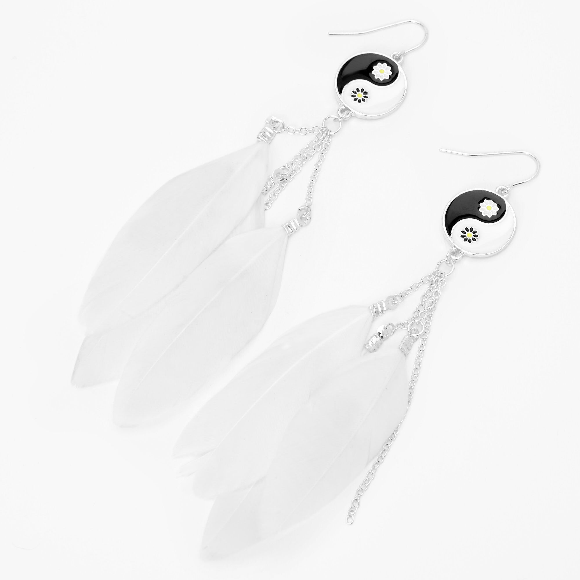 View Claires Black 4 Feather Yin Yang Drop Earrings White information