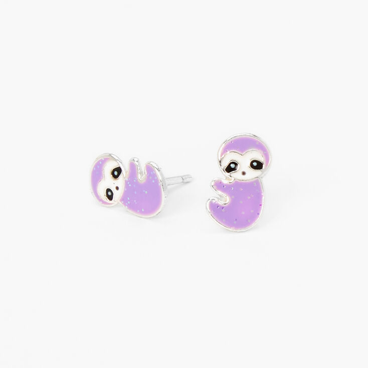 Sterling Silver Glittery Purple Sloth Stud Earrings,
