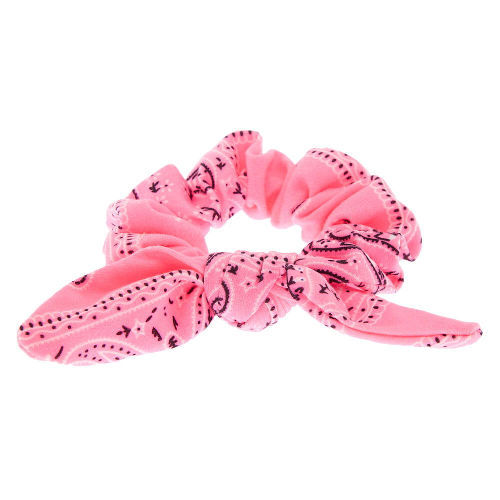 Small Bandana Knotted Bow Hair Scrunchie - Neon Pink,